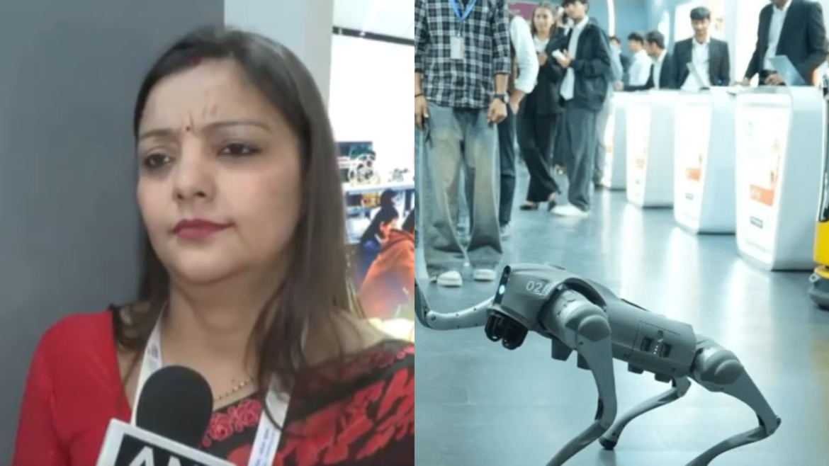 Galgotias University professor Neha (L); and the robodog the university displayed during the AI summit (R)
