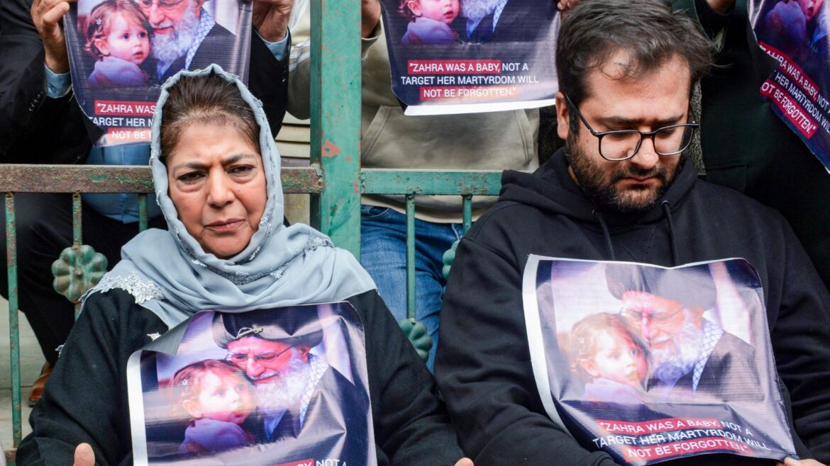 Srinagar: Peoples Democratic Party (PDP) President Mehbooba Mufti, left, along with party leaders during a protest against the killing of Iran's Supreme Leader Ali Khamenei in US-Israel strikes on Iran, in Srinagar, Wednesday, March 4, 2026. (PTI Photo)(PTI03_04_2026_000169B)