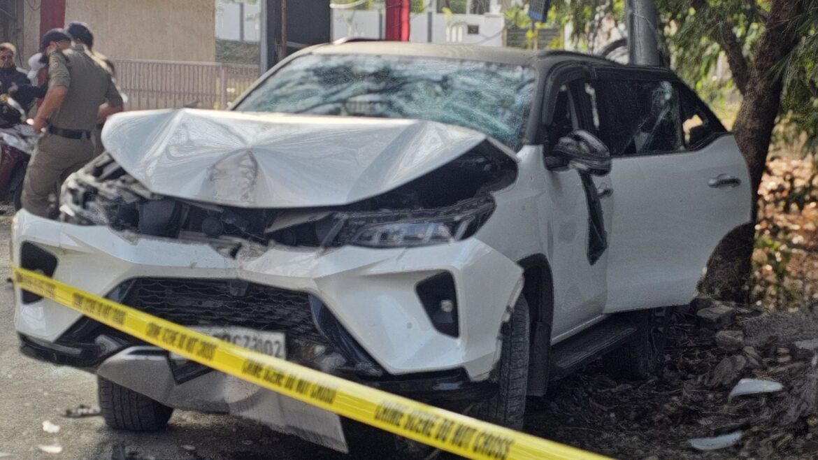 One of the cars involved in what police suspect was a road rage incident. The occupants of one car opened fire on the other, during which a stray bullet hit Brigadier M K Joshi (retired), police said. (Express Photo)