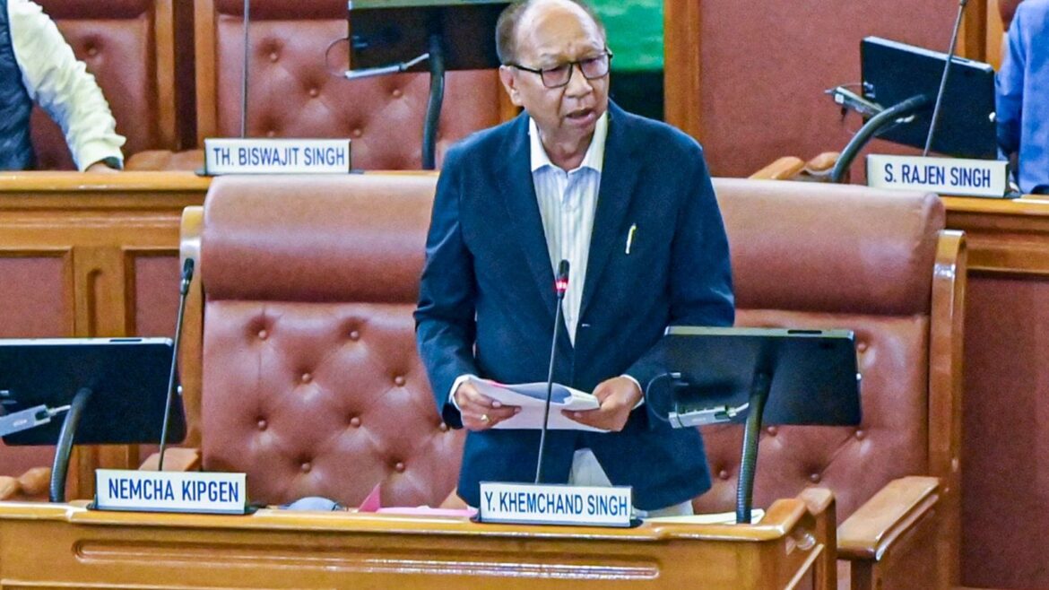 Manipur Chief Minister Yumnam Khemchand Singh speaks during the seventh session of the 12th Manipur Assembly, in Imphal, Monday, March 9, 2026. (PTI Photo) Budget