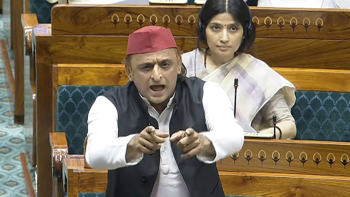 Samajwadi Party MP Akhilesh Yadav speaks in the Lok Sabha during the Special session of Parliament, in New Delhi (PTI Photo)