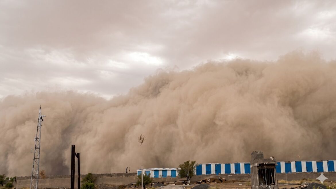 A colossal dust cloud rolled across Churu, creating apocalyptic scenes as strong winds carried sand across the landscape.