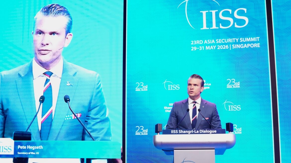 Pete Hegseth, Shangri-La Dialogue 2026, India US defense relations, India Pakistan conflict May 2025, Donald Trump India Pakistan mediation, US Navy India logistics, Indo-Pacific strategy, Ministry of External Affairs India, India military modernization, Indian Ocean security, Javelin anti-tank guided munitions India, Rajesh Kumar Singh, Rajnath Singh, Asim Munir, US Iran ceasefire talks, China military buildup, Dong Jun, defense spending GDP target, Taiwan arms package Trump, Singapore defense forum