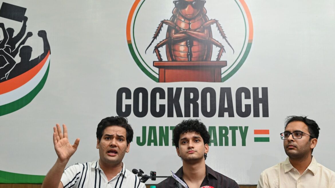 Cockroach Janta Party spokespersons Saurav Das, Vijeta Dahiya, and Ashutosh Ranka during a press briefing at the Constitution Club of India, in New Delhi on Wednesday. (ANI Photo)